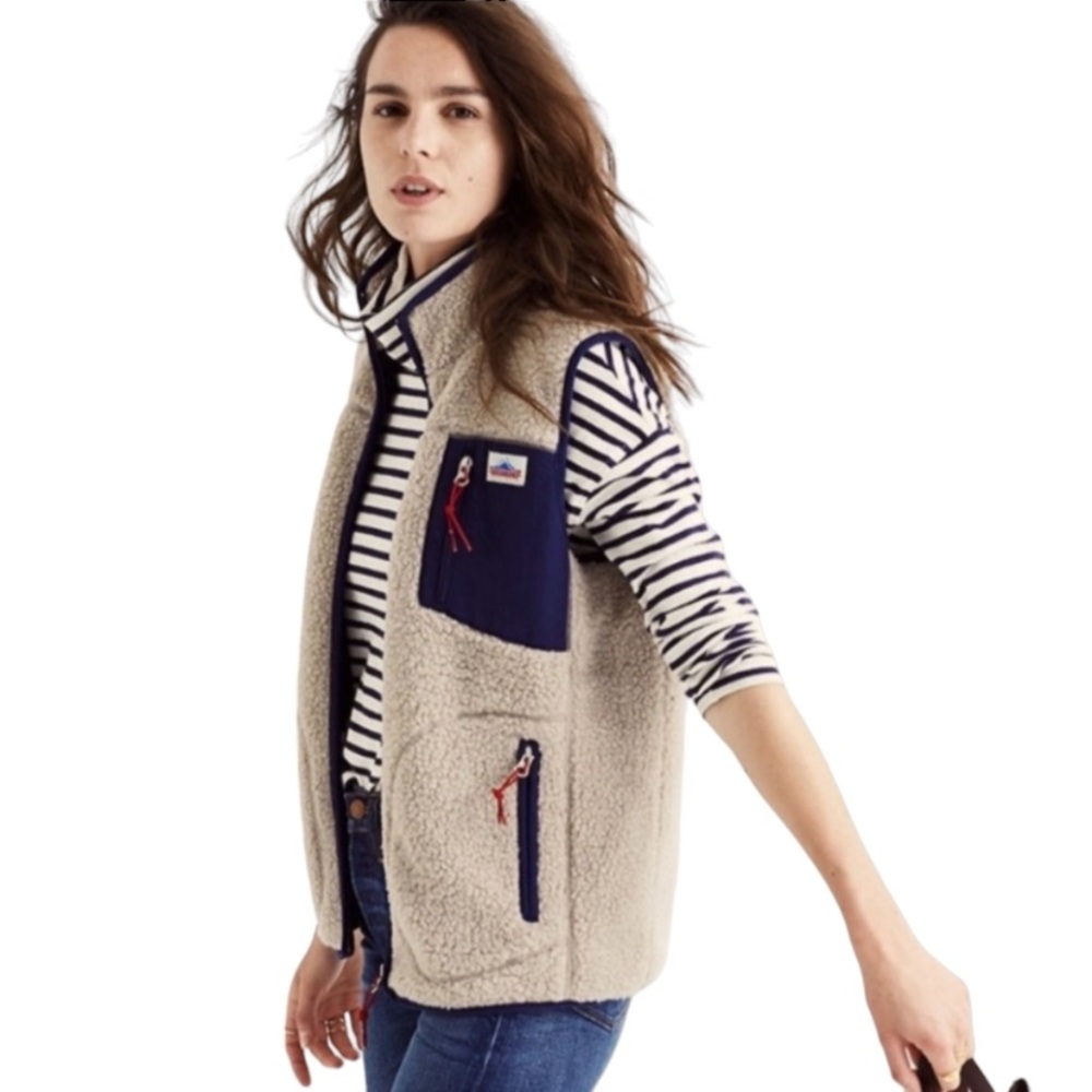 Penfield x Madewell Lucan Pile Sherpa Fleece Vest Women's Size Small Tan Blue